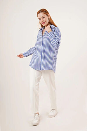 Çift Çizgi Geçişli Düğmeli avi Gömlek