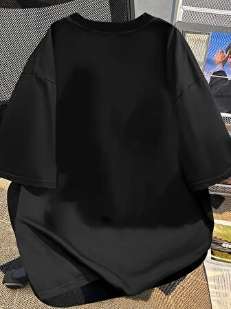 Baskılı Oversize Bisiklet Yaka Tshirt  iyah