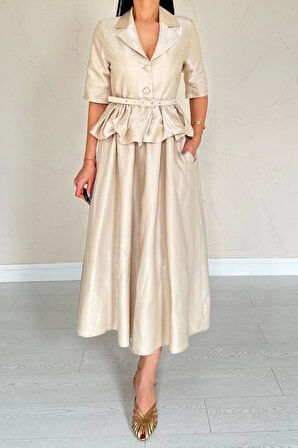 Bej İnce Kemerli Fırfırlı Ceket Ve Büzgülü Etek Takım