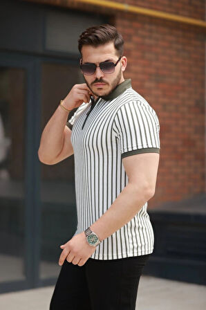 Erkek çizgili Fermuar Yakalı Kısa Kollu Tişört