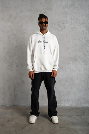 Oversize Üç İplik Şardonlu Kapüşonlu weatshirt – Beyaz “Other ives” Ön Ve Arka Baskılı, Kanguru Cepli, Ribanalı Rahat Kışlık odel Beyaz