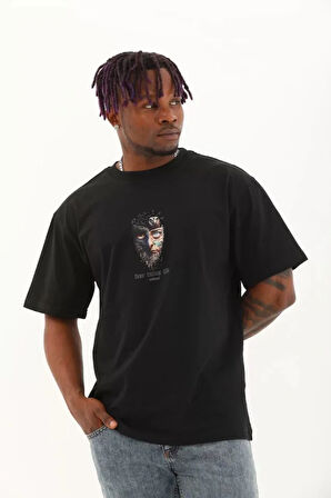 Unisex Oversize Baskılı Bisiklet Yaka Thirt  iyah