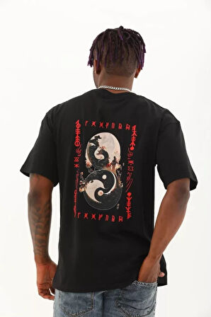 Unisex Oversize Baskılı Bisiklet Yaka Thirt  iyah