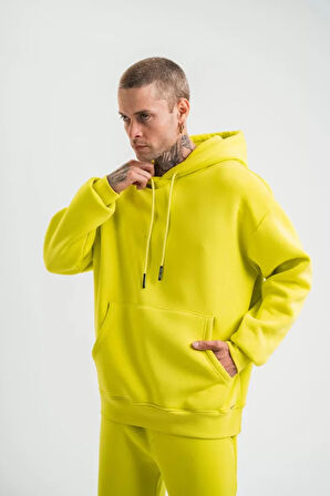 Unisex Double Oversize Kapşonlu Basic SweatShirt  Sarı