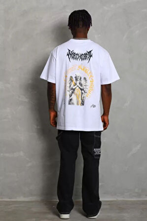 Unisex Oversize Baskılı Bisiklet Yaka Thirt  Beyaz
