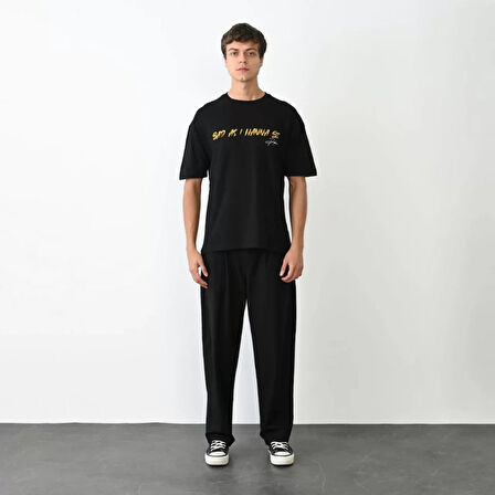 Unisex Bisiklet Yaka Baskılı Oversize Thirt  iyah