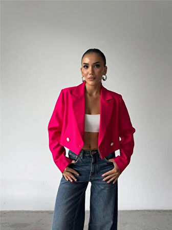 ARKAI İNCİ DÜĞE DETAYLI CROP CEKET  Fuşya