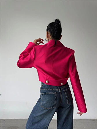 ARKAI İNCİ DÜĞE DETAYLI CROP CEKET  Fuşya