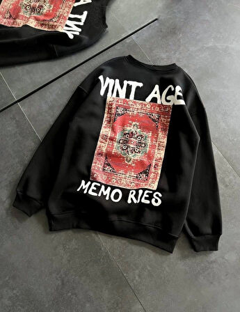 Bisiklet Yaka Üç İplik Baskılı Oversize weathirt  iyah