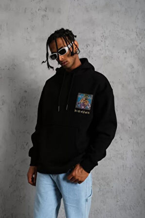 Erkek Patel ix Baskılı Kapüşonlu weat  iyah