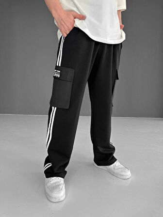 İki İplik Kumaş Kargo Cepli Şeritli Alt Esofman  iyah