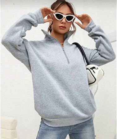 Unisex Uzun Kol Yarım Farmuarlı Yakalı Basic weathirt  Gri