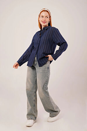 Düğmeli Ve Çizgi Detaylı acivert Gömlek