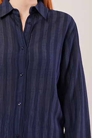 Düğmeli Ve Çizgi Detaylı acivert Gömlek