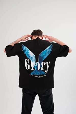 Unisex Bisiklet Yaka Baskılı Oversize Thirt  iyah