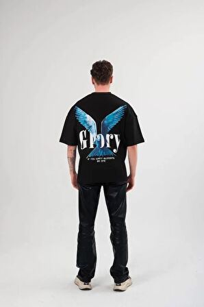 Unisex Bisiklet Yaka Baskılı Oversize Thirt  iyah