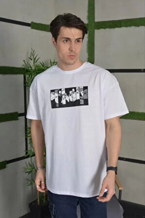 Unisex Bisiklet Yaka Baskılı Oversize Thirt  Beyaz