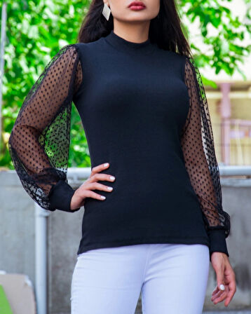 Kadın iyah Kolu Tül Detaylı Yarım Balıkçı Kaşkorse Bluz 6160