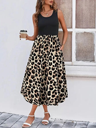 Kadın Askılı Yuvarlak Yaka üst Viskon Alt Leopar Desenli Süprem Uzun Elbise