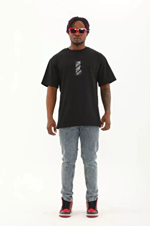 Unisex Oversize Baskılı Bisiklet Yaka Thirt  iyah