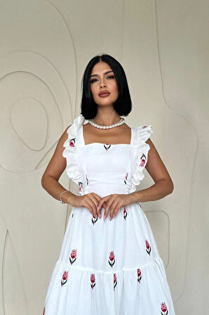 Kırmızı ıfır Kol Fırfırlı Elbise