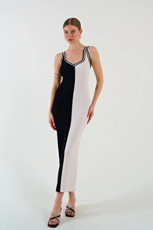 İki Renki Kolsuz Elbise  SiyahKrem