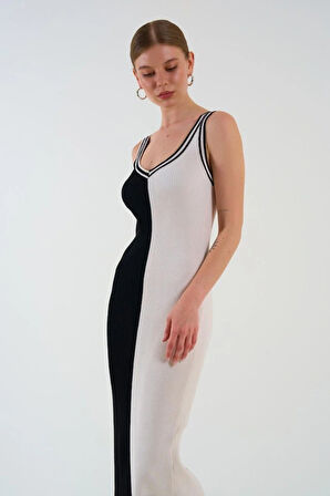 İki Renki Kolsuz Elbise  SiyahKrem