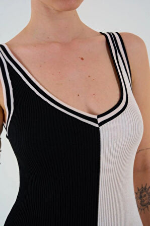 İki Renki Kolsuz Elbise  SiyahKrem