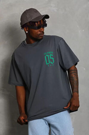 Unisex Oversize Baskılı Bisiklet Yaka Thirt  Füme