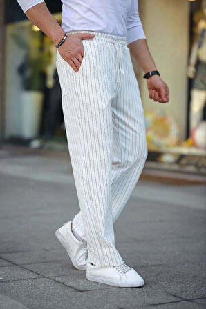 Erkek Cizgili Dokuma Krep Jogger Buggy Pantalon Rahat Kalıp  Beyaz