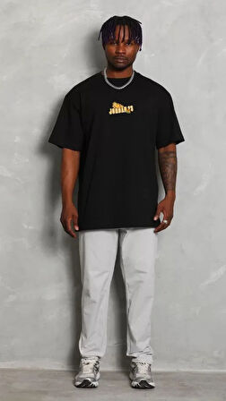 Unisex Bisiklet Yaka Baskılı Oversize Thirt  iyah