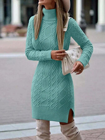 Kadın Uzun Kollu Loren Yünlü Motifli Midi Boy Triko Elbise