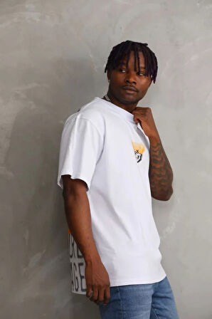 Unisex Baskılı Oversize Thirt  Beyaz