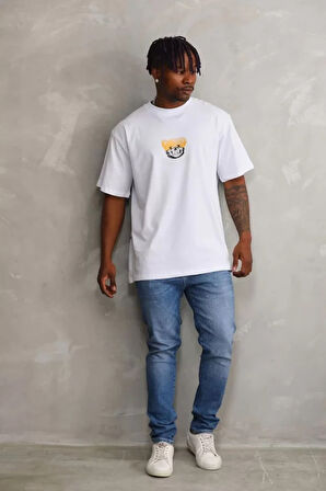 Unisex Baskılı Oversize Thirt  Beyaz