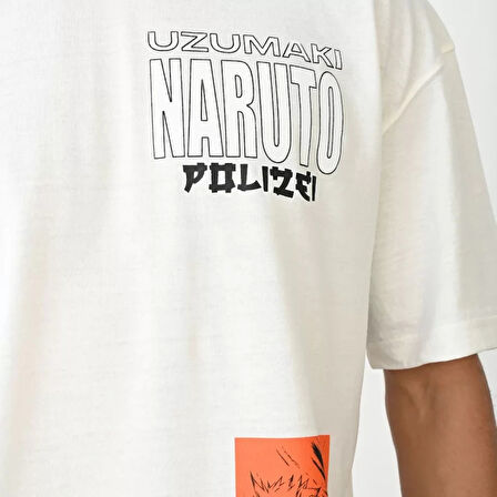 Unisex Bisiklet Yaka Baskılı Oversize Thirt  Beyaz