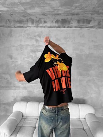 Ön Ve Arka Baskılı Oversize Bisiklet Yaka Tshirt iyah