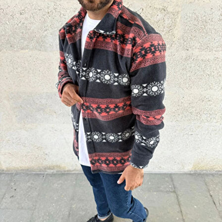 Erkek Desenli Polar Gömlek – Etnik Şerit Desen Yakalı, Uzun Kollu, Düğmeli, Oversize Rahat Kalıp  Füme