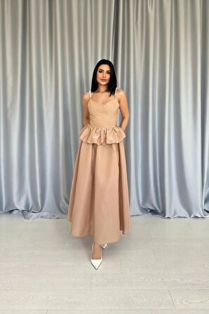 Camel Beli Büzgülü İnci Askılı Uzun Elbise