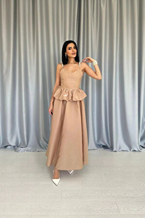 Camel Beli Büzgülü İnci Askılı Uzun Elbise