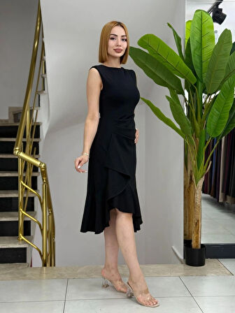 Kadın ıfır Kollu Belden Büzgülü Eteği Volanlı Asimetrik Kesim Midi Janjan Krep Elbise