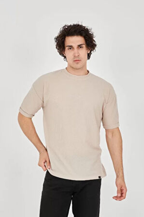 Unisex Waffle Kumaş Rahat Kol Thirt  Bej
