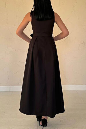 Siyah Önü Dantel Detaylı Kemerli Elbise