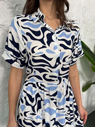 Baskılı Keten Elbise  Lacivert