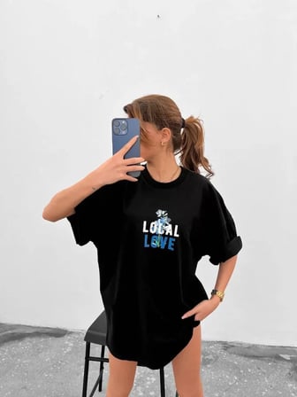Unisex Bisiklet Yaka Baskılı Oversize Thirt  iyah
