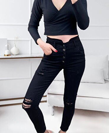 Kadın 5 Düğmeli V Detay Bel Yırtık Kot