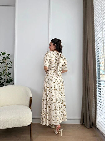 Ekru Yakası Bağlama Detaylı Elbise