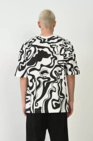 Unisex Baskılı Bisiklet Yaka Oversize Thirt  Beyaz