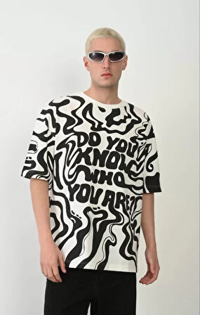 Unisex Baskılı Bisiklet Yaka Oversize Thirt  Beyaz