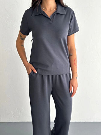 Osy odal Yumuşak Dokulu Kumaş Kısa Kollu Yakalı Tshirt Pantalon Ikili Takım Antrasit