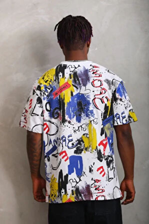 Unisex Oversize Baskılı Bisiklet Yaka Thirt  Beyaz